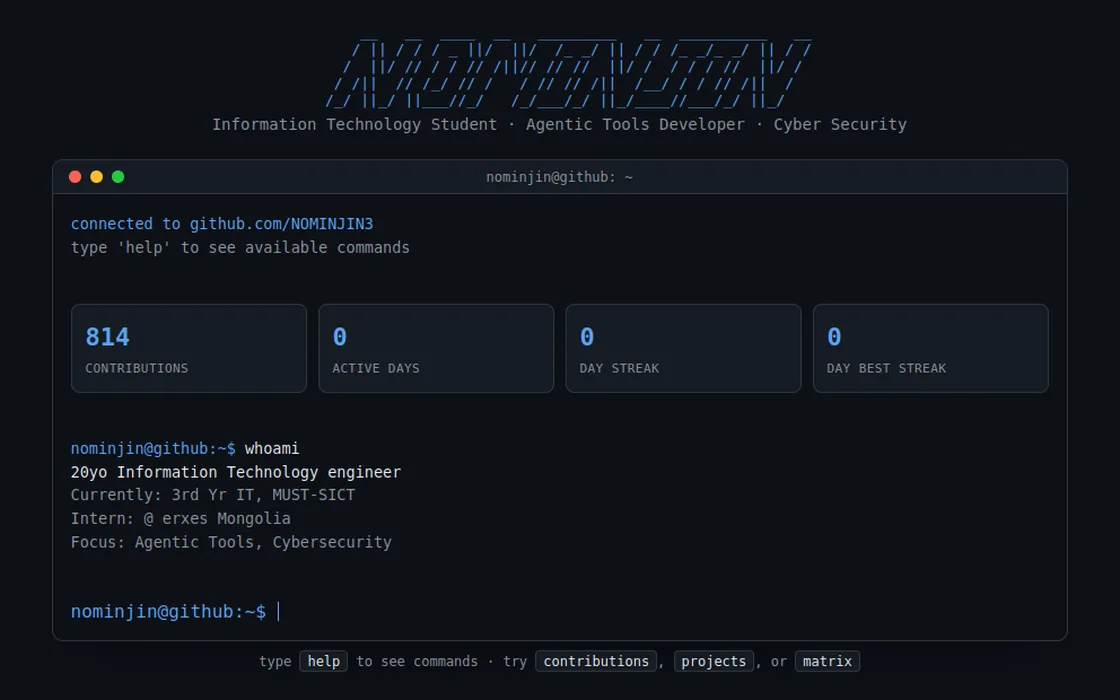 Live Terminal: terminal-style GitHub home with contribution stats and a whoami prompt