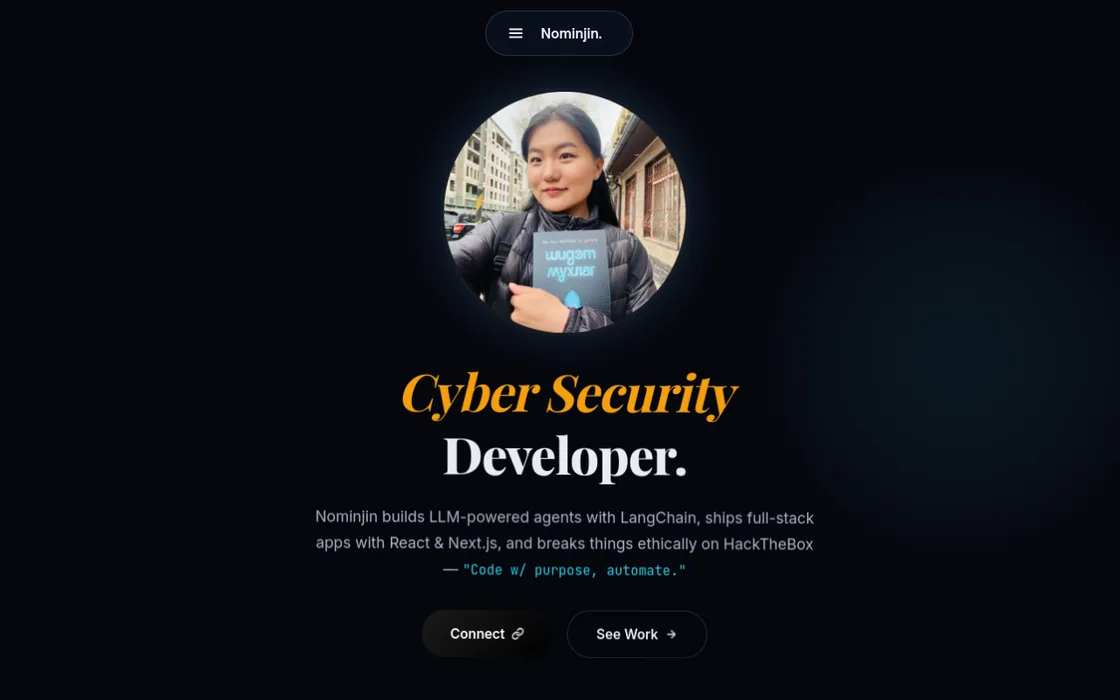 nominjin.io hero section with photo and the Agentic Tools Developer headline