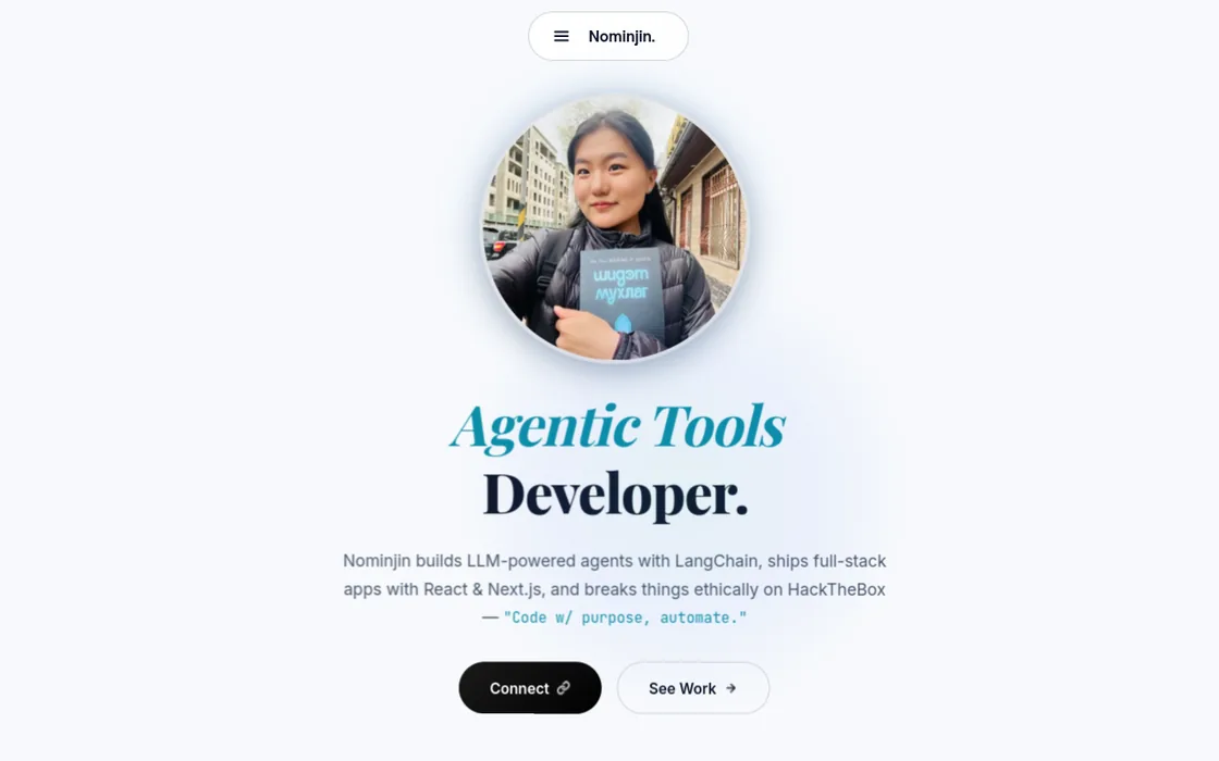 nominjin.io hero section with photo and the Agentic Tools Developer headline